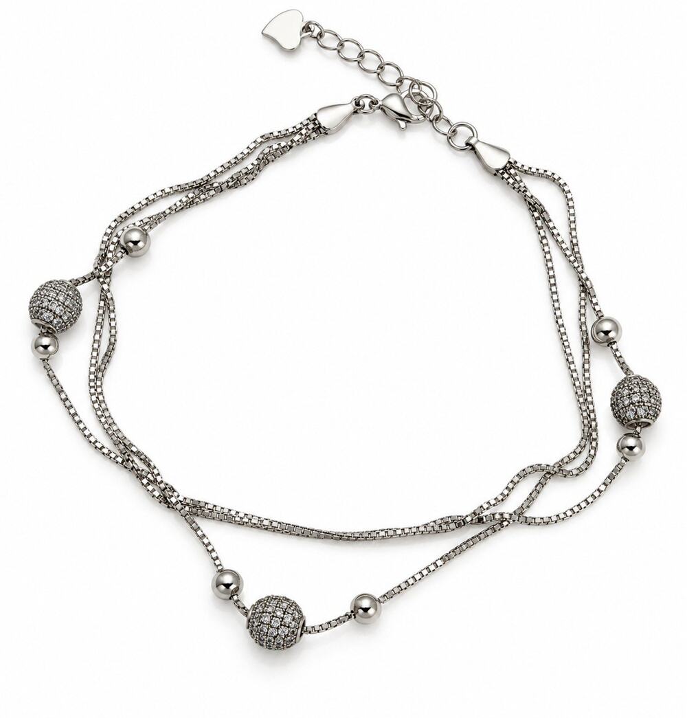 925 Sterling Silver Multi-Strand Box Chain Pave Cz Beads Bracelet Size 6.5/8